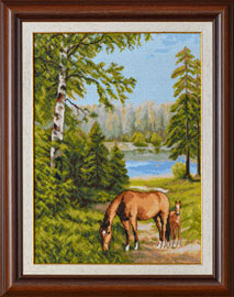 X-1146, Horses in the forestThe cross stitch kit contains: DMC cotton thread, 16 count cotton Aida Zweigart, needle, color chart and instructions. Size  