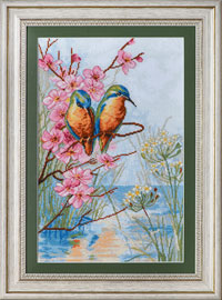 X-1148, Bird couple The cross stitch kit contains: DMC cotton thread, 16 count cotton Aida Zweigart, needle, color chart and instructions. Size (23.5 x 36 cm) 