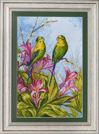 X-1149, Parrots  The cross stitch kit contains: DMC cotton thread, 16 count cotton Aida Zweigart, needle, color chart and instructions. Size (23.5 x 36 cm)