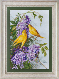 X-1150, Birds and lilac  The cross stitch kit contains: DMC cotton thread, 16 count cotton Aida Zweigart, needle, color chart and instructions. Size (23.5 x 36 cm)