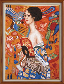 X-134, "Lady with the fan" - Gustav Klimt The cross stitch kit contains: DMC cotton thread, 16 count cotton Aida Zweigart, needle, color chart and instructions. Size (26 � 34 cm)