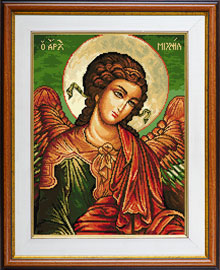 X-711, Archangel Michael The cross stitch kit contains: DMC cotton thread, 16 count cotton Aida Zweigart, needle, color chart and instructions. Size (23 x 31 cm)