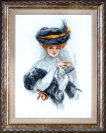X-814, A lady with a cup of tea  The cross stitch kit contains: DMC cotton thread, 16 count cotton Aida Zweigart, needle, color chart and instructions. Size (28 x 37.5 cm) 
